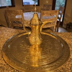Handcrafted Brass and Elegant Round Brass tray and tea pot. Makes a beautiful gift
