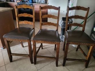 Set of 3 Wood Bar Stools with Leather Seats