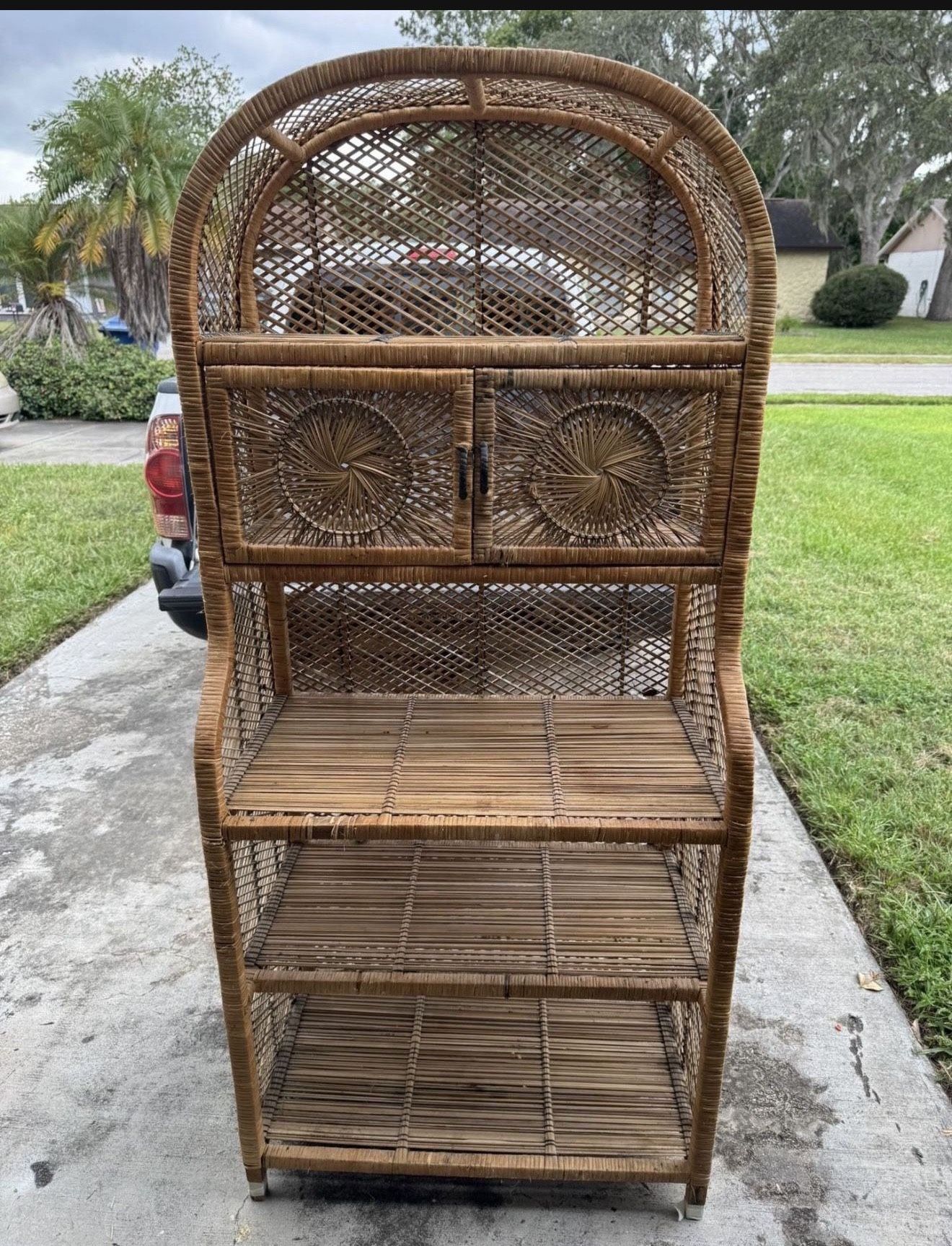 Vintage Mid Century Bohemian Wicker Rattan Sunburst 2 Door Etagere Wall Must Have Truck Will Not Fit In Cannot  Deliver