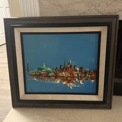 Vtg 1950s Mid Century Abstract City Scape  Oil Painting 30x33 Signed