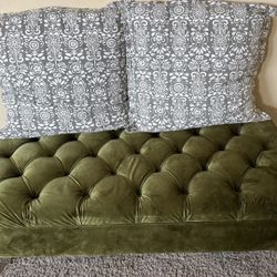 Tufted Velvet Ottoman Bench with Storage + Pillows – Olive Green