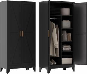 2581a $130 71" Metal Armoire Wardrobe Closet with Hanging Rod, Black-X 5 Shelves Heavy Duty Steel Wardrobe Cabinet with Adjustable Shelves, Clothing