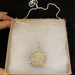Atocha silver coin pendant with silver chain made from silver bars