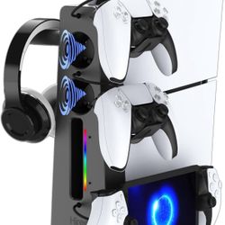 PS5 Slim Cooling Station Dual Controller Charging Stand PS5 Slim Accessories Incl with RGB Light, Headset Holder, Silent Cooler Fan, 3 USB Hub for Pla