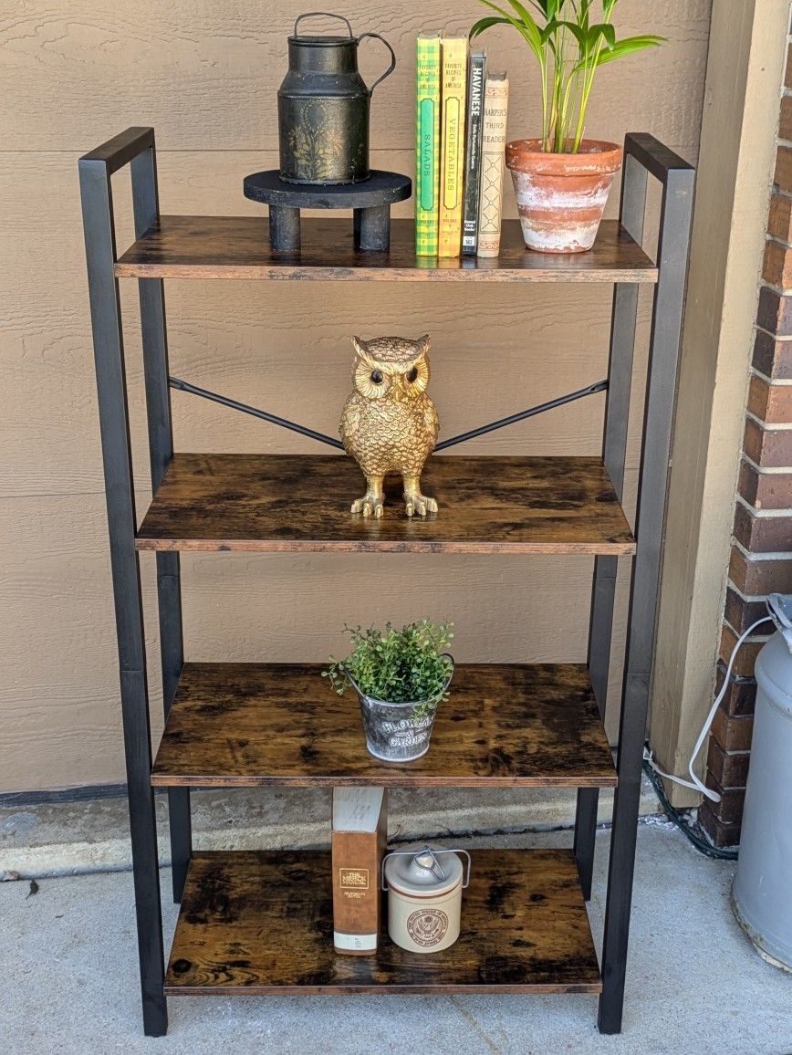 Rustic Antique Nutmeg & Black Steel Frame Etagere Bookcase With Four Veneer Shelves