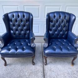 Vintage Style-Craft Navy Blue Leather Tufted Wingback Chairs — Pair