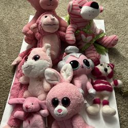 Lot Of 8 Plush Pink Animal Toys (Bear, Tiger, Monkey, Cat, Rabbits )