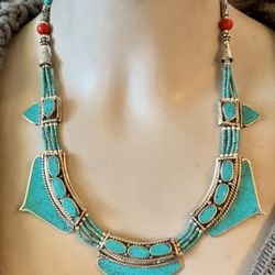 Vintage Chunky Native American Tribal Solid Sterling Silver Turquoise / Red Coral / Gemstones   Necklace 18” Weight 62.71 Grams 