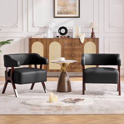 Set of 2 Faux Leather Barrel Accent Chairs with Solid Wood Frame Mid-Century Modern, Wraparound Back, Living Room, Office