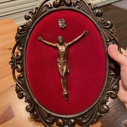Vintage brass and red velvet Jesus Crucifix wall decoration 12.5” by 9.5”