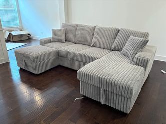 😍 Brand New Grey Corduroy U-Shape Sectional Sofa/Couch with Pull-Out Bed, Storage Chaise & Pillows | Oversized Deep Seat | Pay After Delivery 🚚