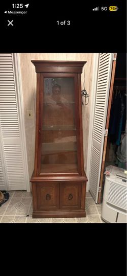 Vintage Lighted Wood Curio Cabinet Glass Display Case with Bottom Storage