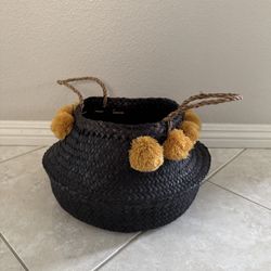 Woven Basket with Poms, Black 