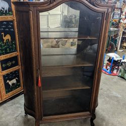Antique Vintage Curved Wood And Glass Display China Cabinet 
