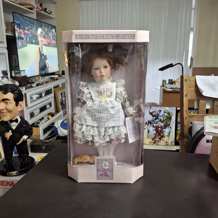 "NEW " Collectible Memories 16" Fine Bisque Porcelain "April" Doll W/Certificate Of Authenticity, Display Stand W/Teddy Bear