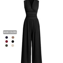 Women’s Ruched Deep V Neck Wide Leg Jumpsuit With Pockets 