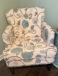 Accent Armchair, Harrison Floral Fabric Tufted Club Chair by Christopher Knight Home, Cream Teal Blue Grey, 35” H 28” W 32” D