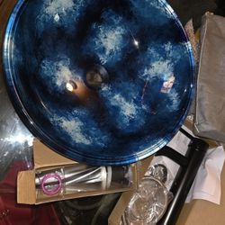 brand new heavy glass vessel sink with faucet, lines and gaskets
