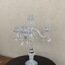 5 Arm Crystal Glass Taper Candle Holder Candelabra 32" - Stylish Table Centerpiece With Chandelier Chains