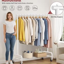 SLEEPING LAMB Heavy Duty Clothes Racks for Hanging Clothing Rack, 43" Wide Rolling Garment Rack Metal Wardrobe Rack with Wheels Closet Hanger Rack for