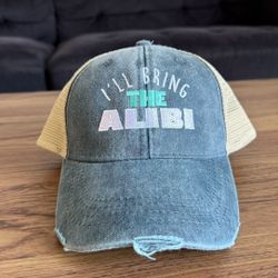 “I’ll Bring the Alibi” Vintage Trucker Hat by Adams – Distressed Mesh Snapback**