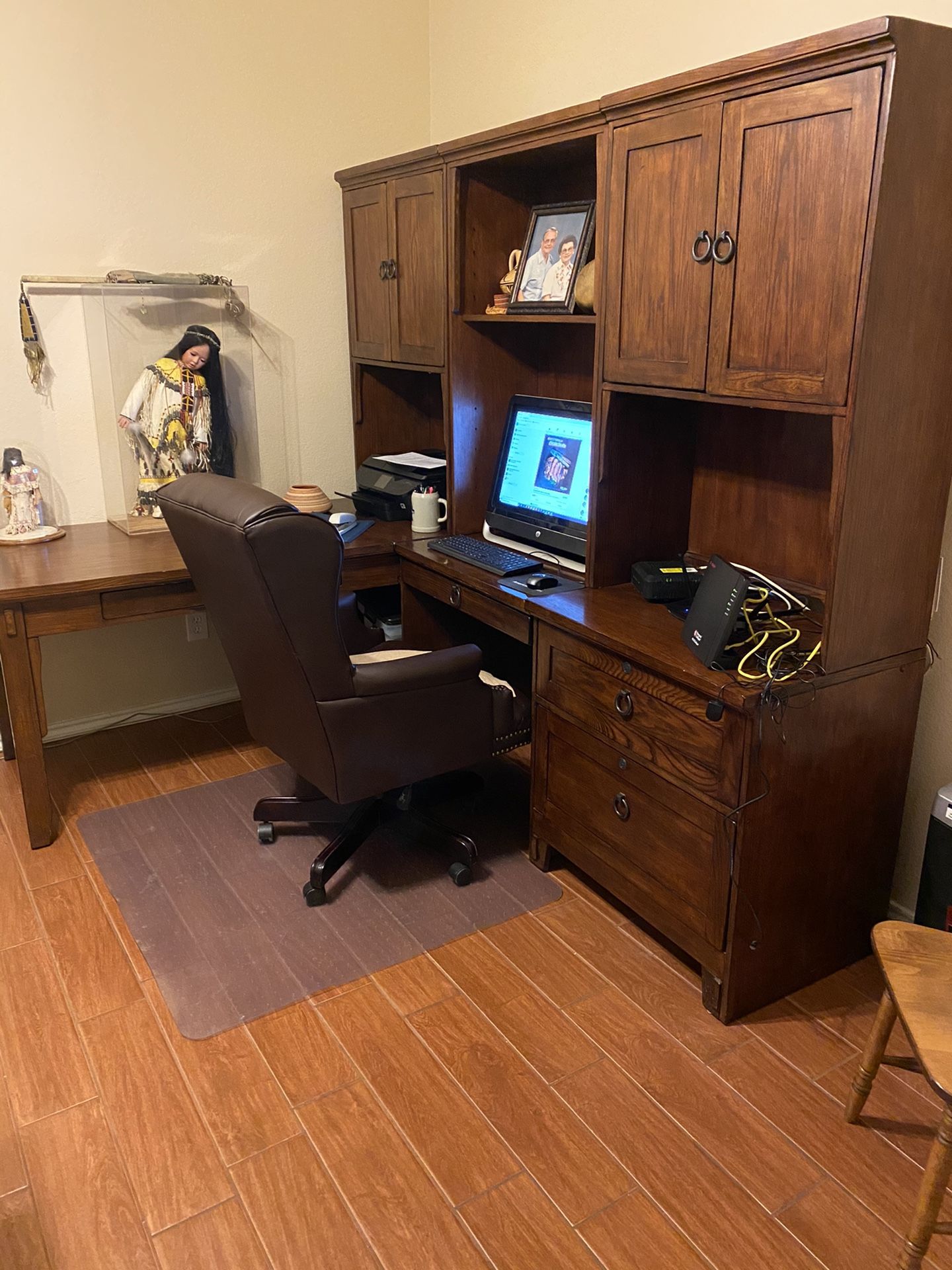 Office L shape desk with upper cabinets plus leather chair