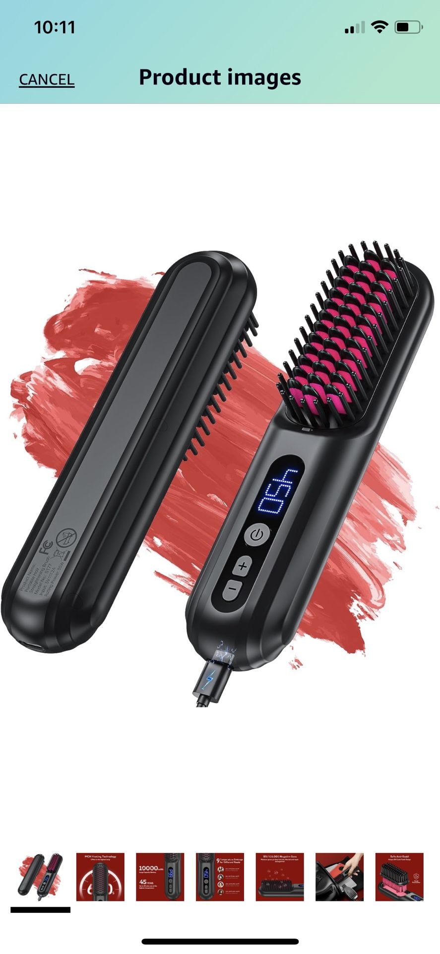 Cordless Hair Straightener Brush, Portable Negative Ion Hot Comb 45Mins Long Battery Life with USB Rechargeable Feature Fast Heating 9 Temp Settings 