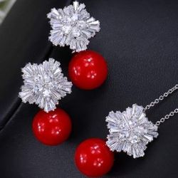 3-Pcs Red Pearl 14K White Gold Plated Cubic Zirconia Earrings & Necklace Set