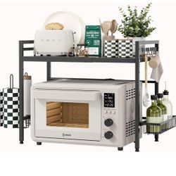 New Expandable Microwave Stand,2 Tier Metal Kitchen Countertop Organizer Shelves with Paper Towel Holder and Baskets,Bakers Rack,Microwave Shelf