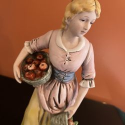 Vintage Homco #1414 Bisque Porcelain Figurine Tuscan Peasant Girl Apple Basket 12”