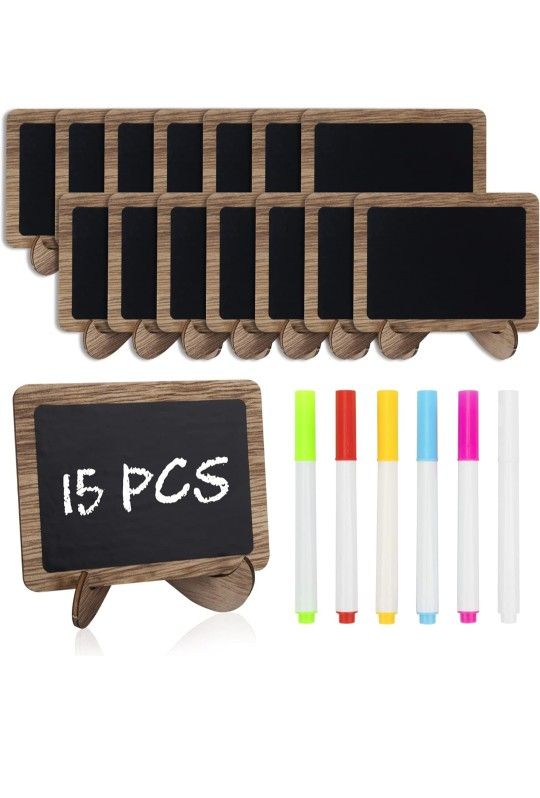 Mini Chalkboard Sign with 6 Color Chalk Markers, 2.9″ x 3.9″ Wooden Blackboard Reusable Small