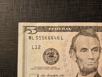 Fancy Serial Number $5 bill trinary, two triples