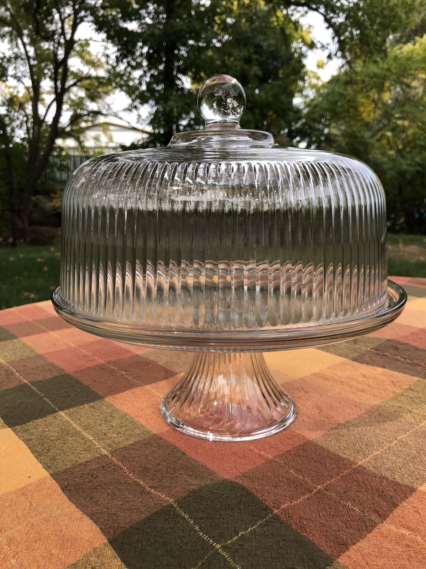 Glass Cake Plate With Dome Ribbed Pattern Cover