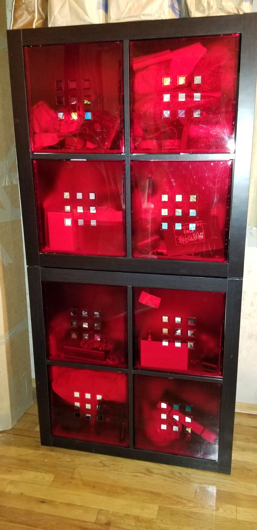 Two 4 Opening Shelving Units with Red Organizing Boxes