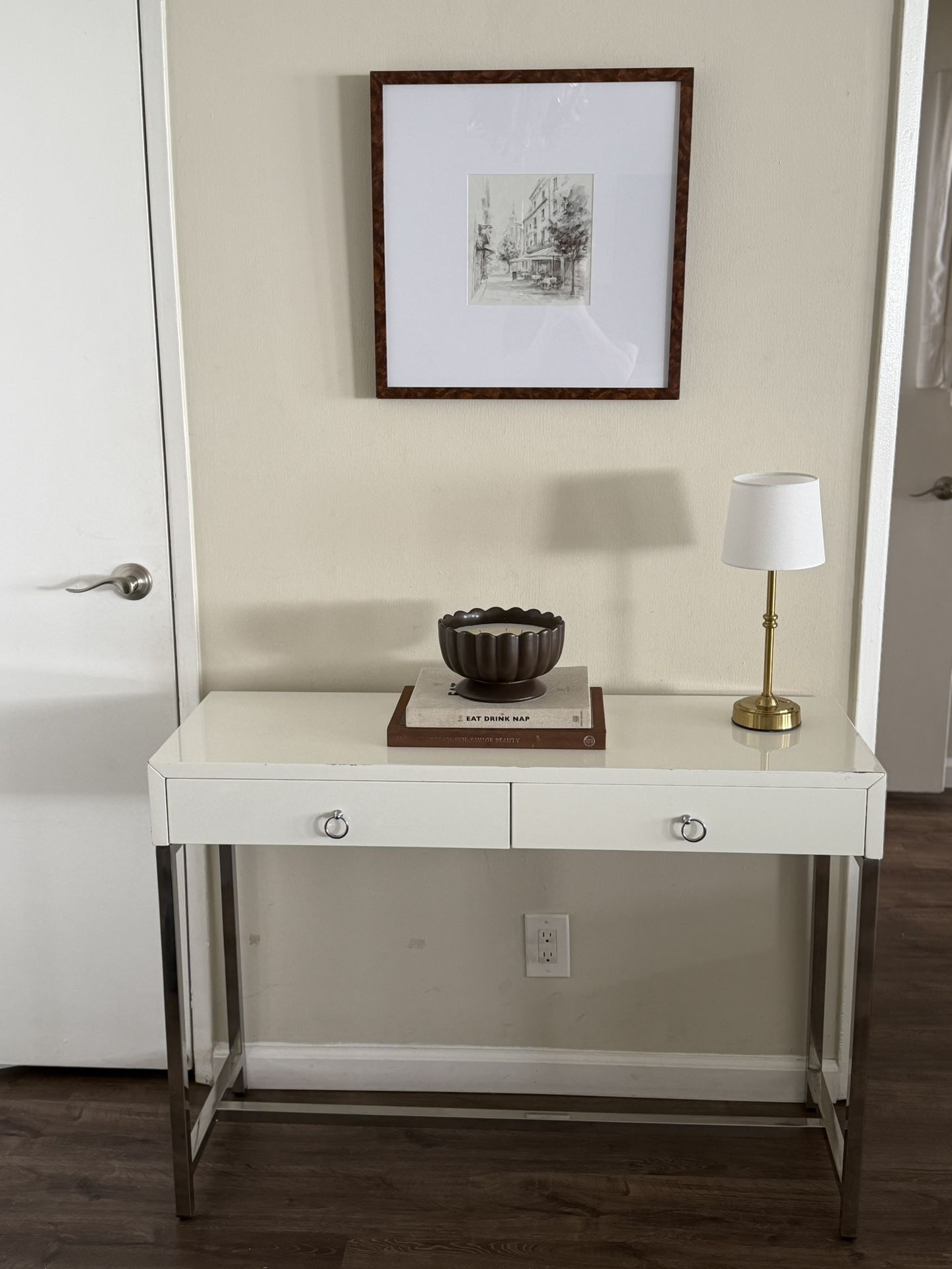 Modern white lacquer vanity / console table with chrome legs and ring-pull drawers