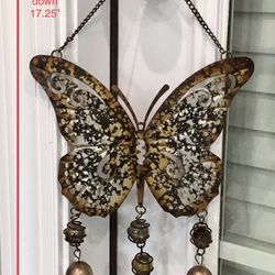 Shabby Bronze & Antique Gold Metal Butterfly Wind Chimes with Marble Accents
