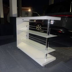 Modern White Bar Cart / Console with Glass Shelves & Chrome Accents