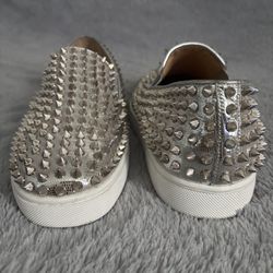 Christian Louboutin Metallic Silver Leather Roller Boat Slip On Sneakers