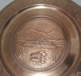 Vintage Metal Copper Plate, Tray, Platter, Wall Hanging, 12" Wide, Mountains, Dragon, Pyramids, Kitchen Decor, Wall Decor, Shelf Display Thumbnail