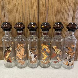 Vintage 1970’s Cabin Still Decanter Glass Bottles Set Of 6 Wildlife 