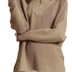 Women's 1/4 Zipper V Neck Collared Long Batwing Sleeve Oversized Slouchy High Low Knit Tunic Sweater