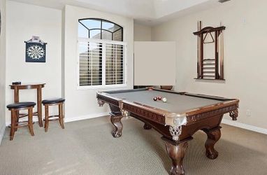 American Heritage 7' Pool Table Game Room Set Includes: Wall Rack with Cues, Pub Table  with 2 Stools, Aramith Belgian Billiard Balls, Decorative Pool