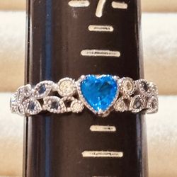 925 Blue Sapphire Heart Ring Size 8 