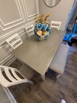 Modern Farmhouse Dining Set – Table, Bench & 4 Chairs
