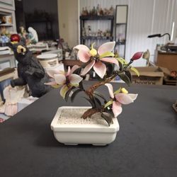 Vintage Mid Century Glass Bonsai Tree, Pink Magnolia, Wire Wrapped Trunk & Ceramic Planter With Stationary Pebbles 7"H X 6"W