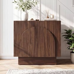 Walnut Sideboard Buffet Cabinet with Storage, 31.5” Modern Sideboard Cabinet with Arched Doors & Shelf, Farmhouse Accent TV Station Media Console Cred