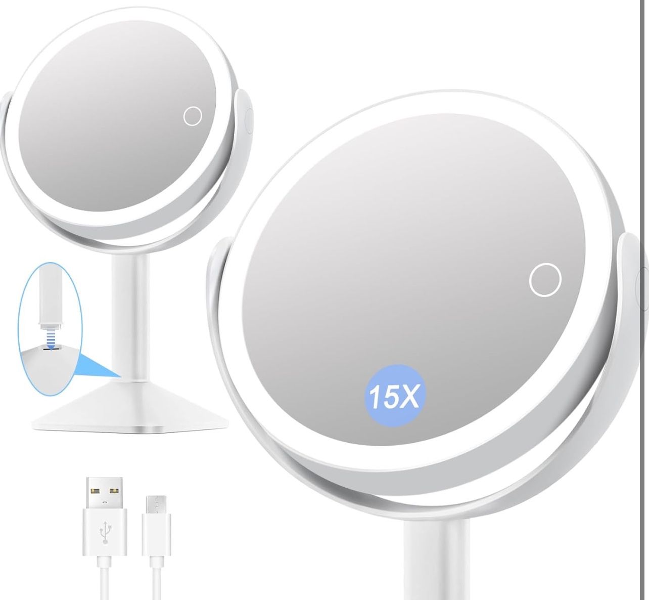 8.5inch 2600mAh Rechargeable Lighted Makeup Mirror,15X/1X Magnifying Double-Sided LED Vanity Mirror with Lights, 3 Color Lights, 360° Rotatable Desk M