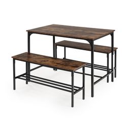 Homy Casa LOMANER 110 Vintage Storage Dining Set "43.3" Table with Benches for Kitchen & Dining