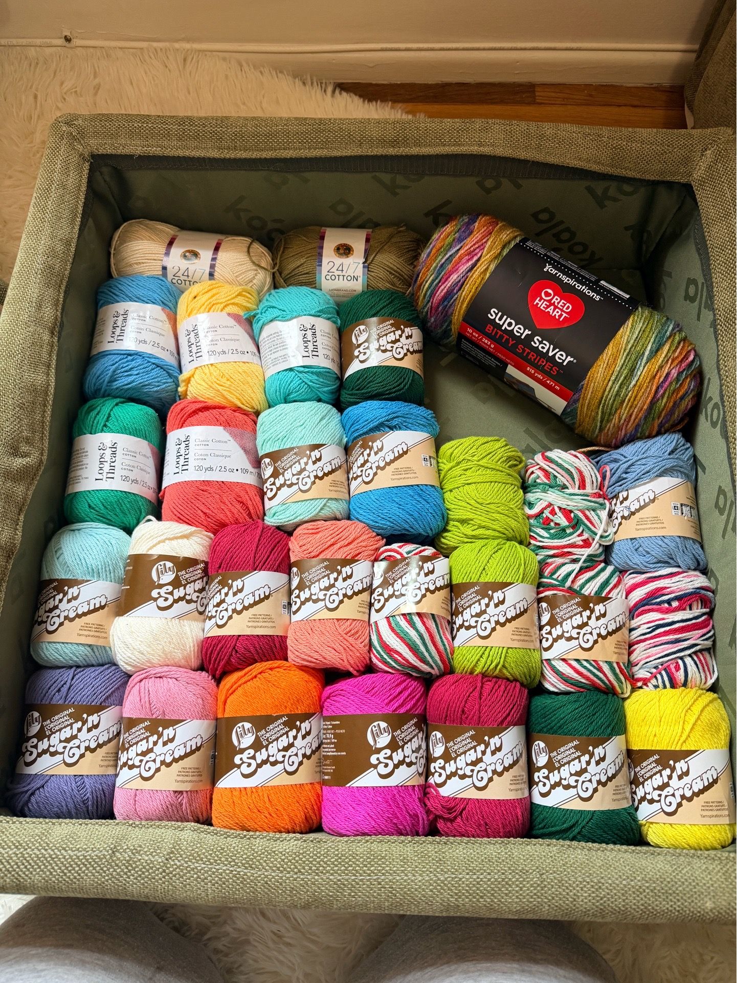 Cotton Yarn Destash Lot — Sugar’n Cream, Loops & Threads, Lion Brand 24/7, Red Heart Bitty Stripes — 30+ Skeins Mixed Colors