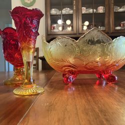 Lot Of 3 Vintage Jeannette Amberina Red & Yellow Glass - 1 Fruit Bowl, 2 Goblets